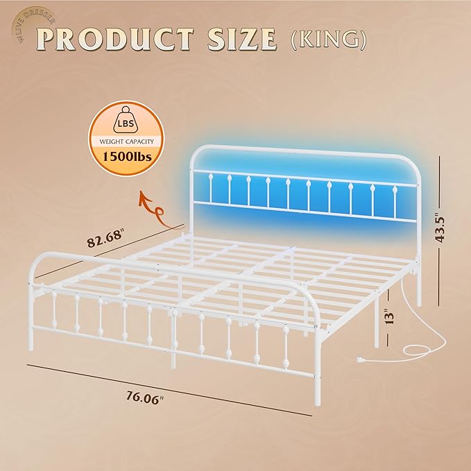 WLIVE Bed Frame King Size, King Size Bed Frame with Storage and Headboard, King Bed Frames with LED Lights and Charging Station, White