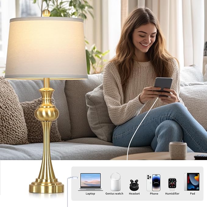 28.75'' Gold Table Lamps for Living Room, 3 Way Touch Control Bedside Lamps with USB A+C Ports & AC Outlets, Modern Metal Nightstand Lamps for Bedroom Living Room Office End Table（Bulb Included）