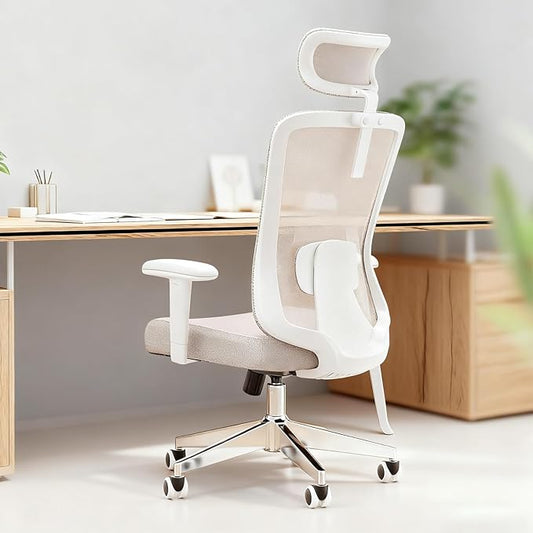 Ergonomic Office Chair with Adjustable Lumbar Support & Flip-Up Armrests - High Back Computer Desk Chair with Thickened Seat Cushion, Rolling Wheels for Home/Office Study Work (05khaki)