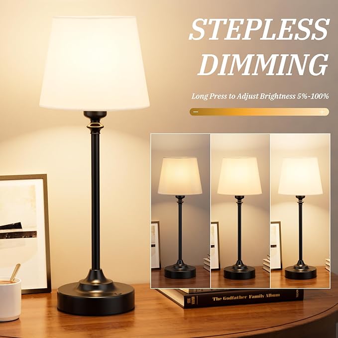 Cordless Table Lamps Rechargeable Set - 2 Pack Black 4000mAH Battery Operated Lamps for Decor, 3000K Stepless Dimming Touch Control Wireless Lamps for Bedroom, Dining Table, Living Room, White Shade