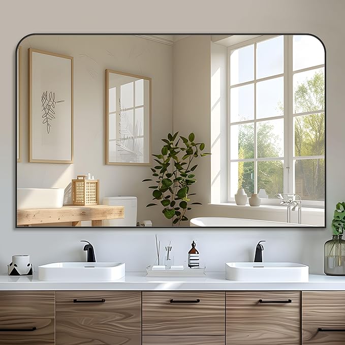 Bathroom Mirror, Wall Mirrors, Black Metal Framed Wall-Mounted Mirrors, Bathroom Vanity Mirror for Over Sink, Living Room, Bedroom, Entryway, 48x32 Inch, Black