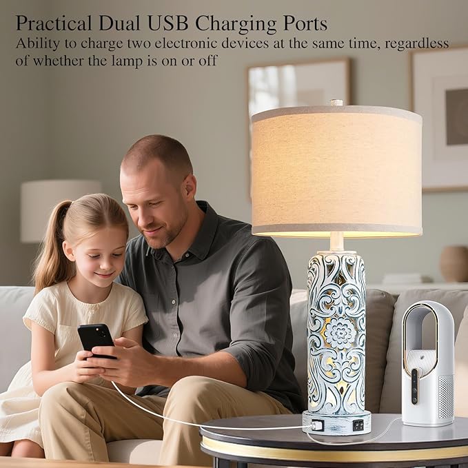 25'' Vintage Coastal Table Lamp Bedside Lamps Set of 2, Farmhouse Table Lamps with Dual USB Ports for Bedroom, Wash Blue Hollow Out Resin Lamp with Nightlight for End Table, 2 Bulbs Included