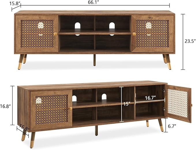 JYED Mid Century Modern TV Stand and Console for TVs Up to 75 inch - Rustic Oak Entertainment Center, 2 Gold Metal Mesh Doors & MDF Wood Grain, 15.8" D x 66" W x 23.5" H
