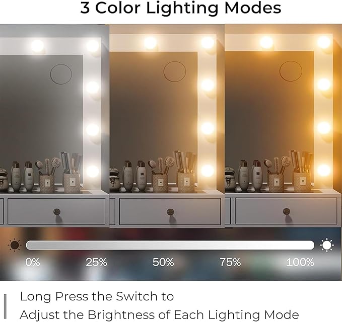 Vanity Desk with Mirror and Lights, Makeup Vanity Desk with Lights 3 Colors, Reinforced Glass Vanity, Makeup Vanity with 11 Storage Drawer, Dressing Table for Bedroom Dressing Room (White)