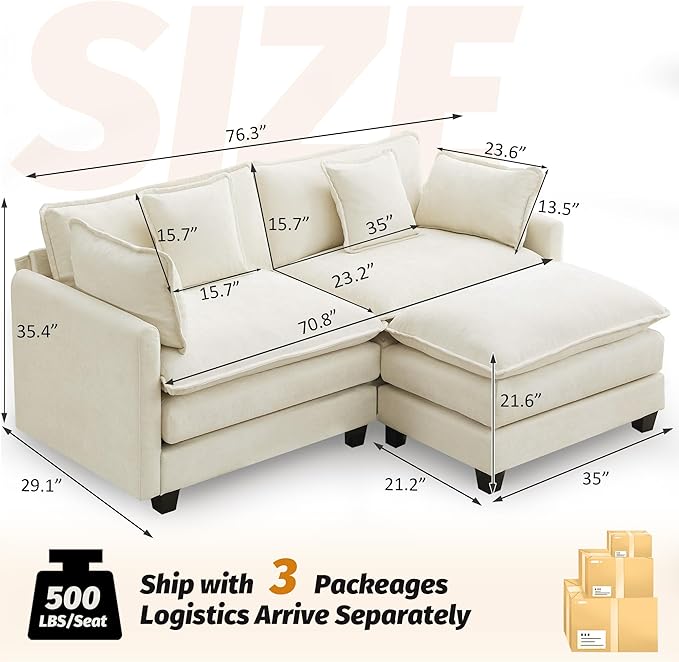 76'' Cloud Deep Seat Loveseat Sofa, Upholstered Chenille Modular 3-Seats Sectional Sofa Couch with Movable Ottoman, Modern Comfy Settee Loveseat for Living Room Set, Small Apartment, Beige