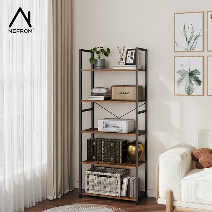 Book Shelf, Adjustable 5-Tier Tall Bookshelf, Wooden Bookcase Shelves for Bedroom, Living Room, Display Shelf for Home, Office, Kitchen, Standing Shelving Unit Storage Organizer BC-BR-5