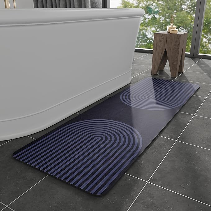 MontVoo -Bath Mat-Non Slip Thin Bathroom Rugs Fit Under Door- Quick Dry Absorbent Faux Suede Surface Grey Bathroom Floor Mats-Shower Rug for in Front of Bathtub Shower Blue Arched 17x59