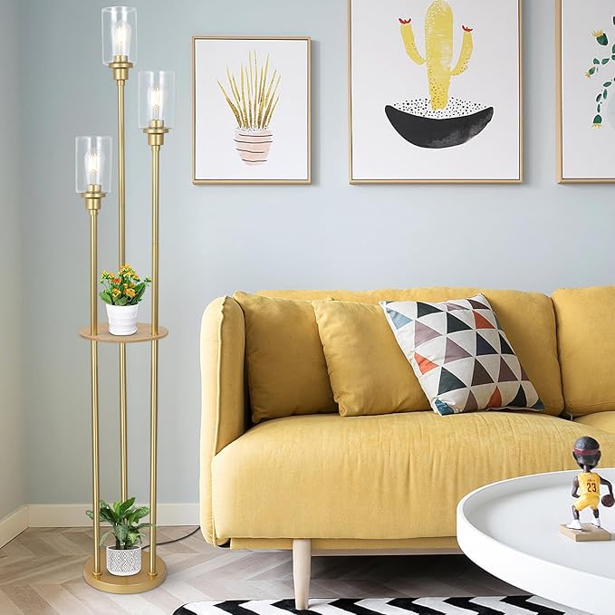 HMVPL Floor Lamps for Living Room, Gold Floor Lamp with Shelves, 3-Lights Modern Brass Standing Lamp with Glass Shades, On/Off Foot Switch, Mid Century Tall Lamp for Bedroom Corner Office(66")