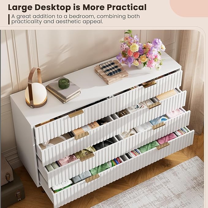 8 Drawer Dresser for Bedroom, Fluted 55" Wide Modern Chest of Drawers with Deep Drawers, Wooden Dresser Organizer for Living Room, Hallway, Kids Room, White