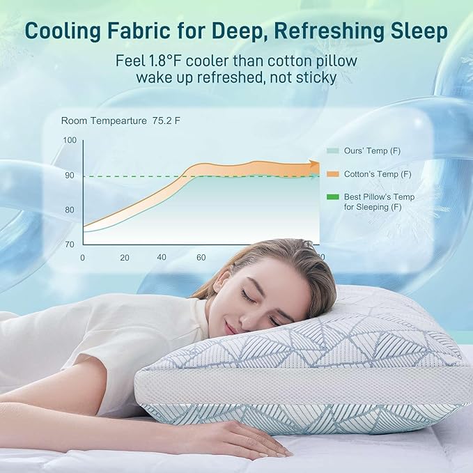 Shredded Memory Foam Cooling Soft Bamboo Viscose Pillow Queen Size, Adjustable Hypoallergenic Hotel Quality Bed Pillow for Side, Stomach or Back Sleeper, Oeko-TEX Certified