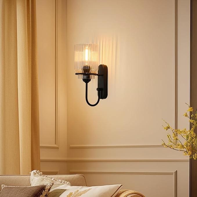Bathroom Wall Sconce, Black Vanity Light Fixture, Indoor Modern Wall Lamp with Clear Glass Shade Farmhouse Sconce for Living Rooms, Bedrooms, Stairwell and Hallway