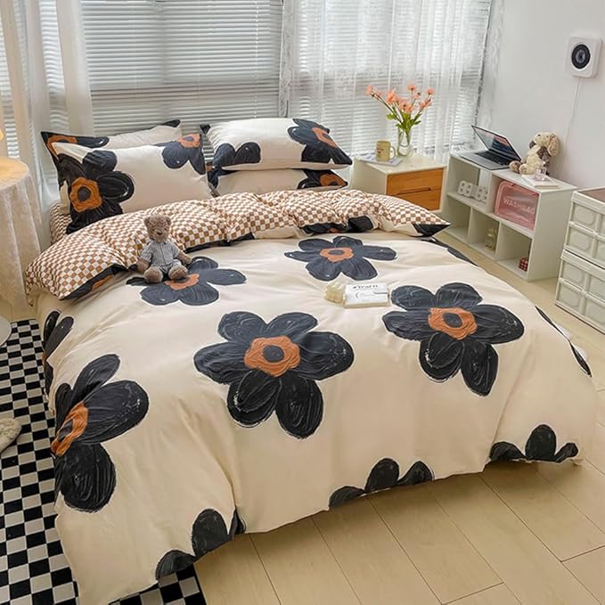 CLOTHKNOW Black Floral Twin/Twin XL Comforter Set Sunflower Bedding Comforter Sets Brown Plaid Comforter Boho Comforter with 2 x Pillow Cases