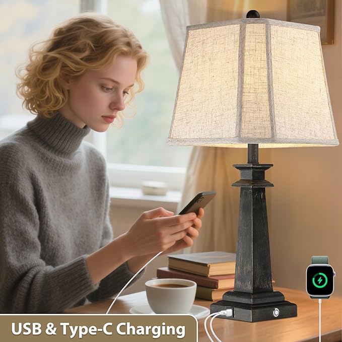 27.5" Table Lamps Set of 2, 3-Way Dimmable Touch Lamps for Nightstand, Farmhouse Table Lamp for Living Room and Bedroom with USB A+C Charging Ports, Bulbs Included (Black)