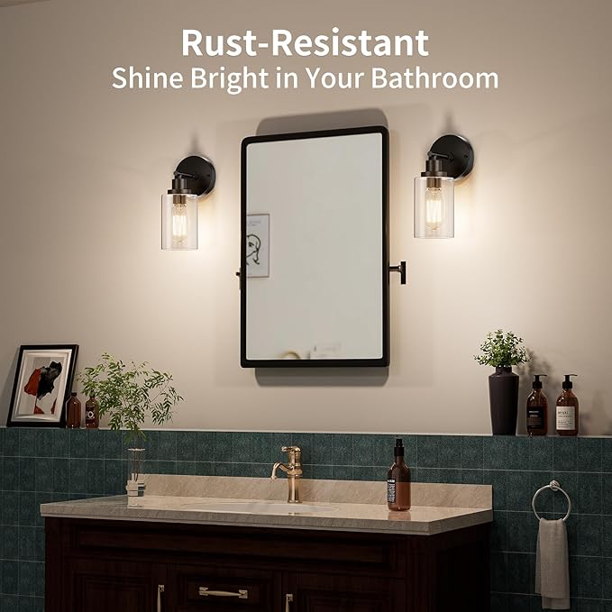 Bathroom Wall Sconces Set of Two: Black Vanity Light Fixtures with E26 Base LED Cordless Indoor Wall Mount Lamp for Mirror Bedroom Hallway Stairway Modern Decor Lighting