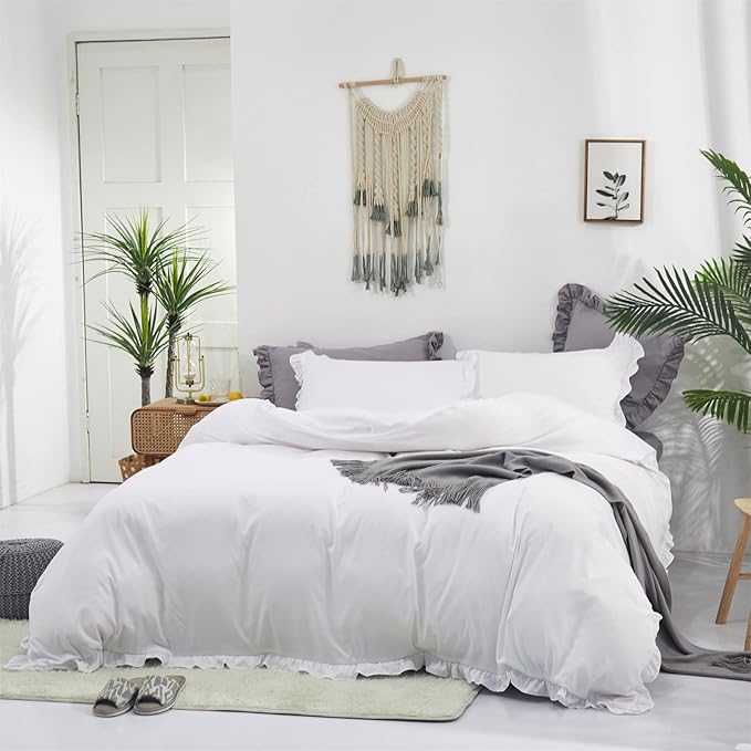 Cottonight White Comforter Set Full Ruffles White Bedding Set Farmhouser Boho Blanket Quilt Plain Vintage Friange Soft Breathable Comforter Set