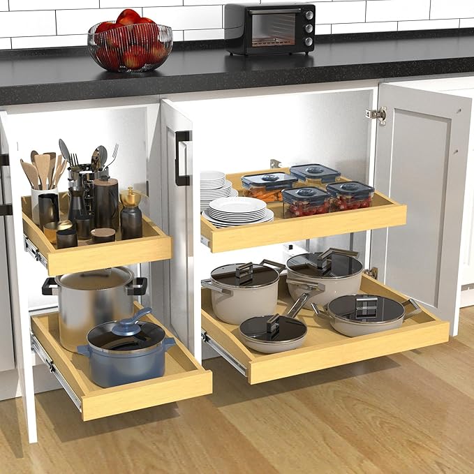 2 Tier Pull Out Cabinet Organizer, 23"W x 21"D Solid Wood Heavy-Duty Base Bottom Assembly Slide out Drawer Shel Cabinet Organization for Kitchen, Pantry, Bathroom