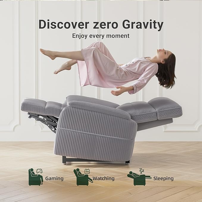 Claiks Zero Gravity Recliner Chair, Oversized Reclining Chair for Adults, Adjustable Electric Reclining Sofa Lounge with USB&Type-C Ports, Side Pocket, for Living Room, Corduroy, Grey