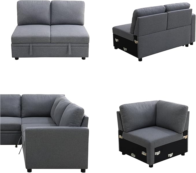4-Piece L Shaped Sofa Set with Storage Chaise, Convertible Pull Out Couch with Movable Ottoman, Modular Sectional Sofa for Living Room, Apartment, Office, Gray