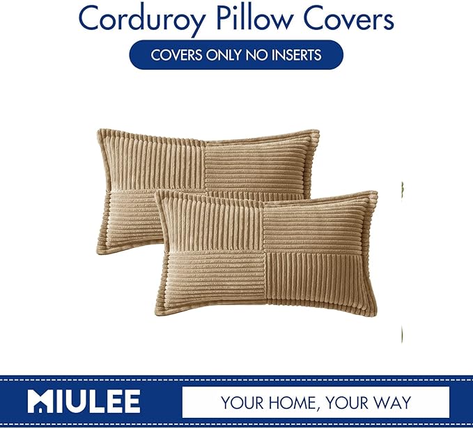 MIULEE Decorative Lumbar Throw Pillow Covers for Couch Bed Livingroom 12x20 Inch Set of 2 Khaki Boho Accent Throw Pllows Broadside Striped Patchwork Soft Corduroy Pillowcases
