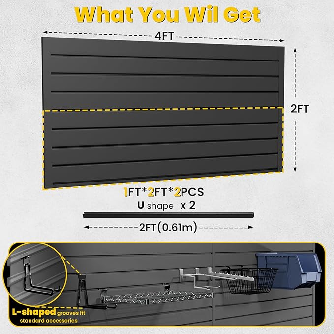 Slat Wall Paneling 4x2 FT, PVC Slat Wall Panels Heavy-Duty Garage Organization System with Hooks & Accessories, Slatwall Pegboard Suitable for Home、Garage、Shop Display & Organization (Black)