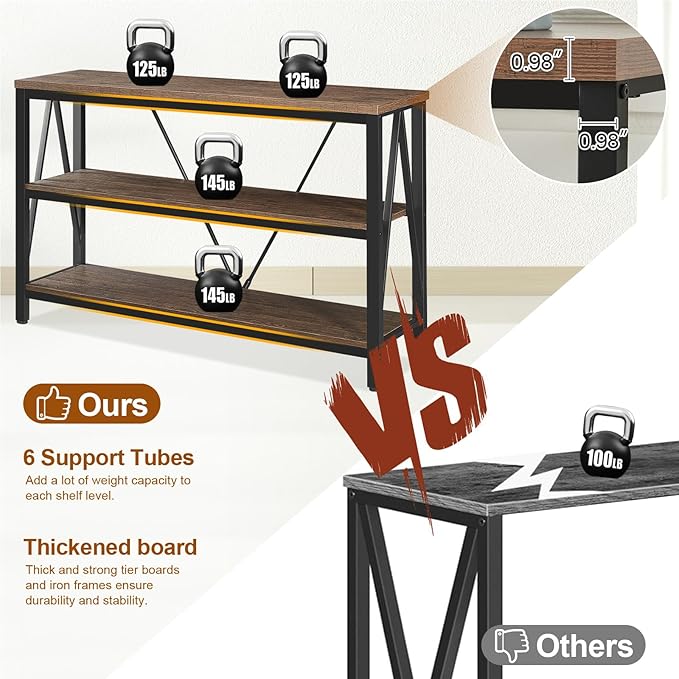 HOMISSUE Entryway Console Table, Rustic Console Table with Wide Storage, Industrial Foyer for Entryway with 3-Tier Open Shelves, Entry Tables for Living Room, Hallway, Brown, 47 Inch