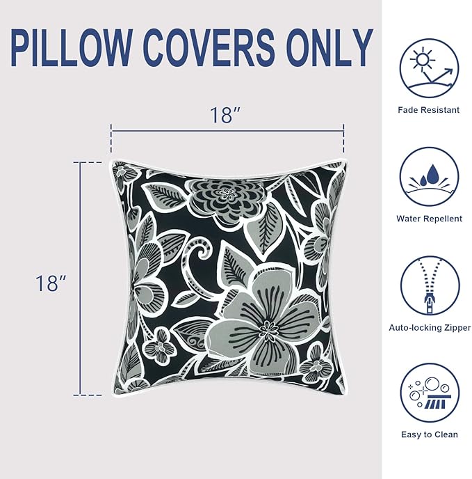 Outdoor Throw Pillow Covers Pack of 2, Decorative Water Repellent Square Pillow Cases 18x18 Inch, Patio Pillowcases for Home Patio Furniture Use, Flower Black