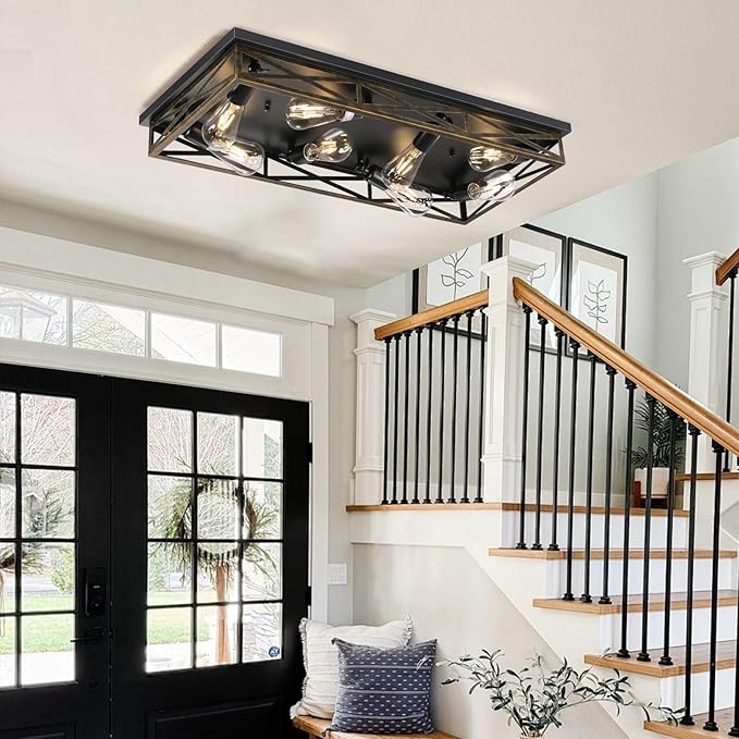 Rustic Flush Mount Ceiling Light Fixtures for Hallway, 8-Light Kitchen Light Fixtures,31" Industrial Metal Cage Ceiling Light for Farmhouse,Kitchen,Hallway E26 Base(1 Pack)