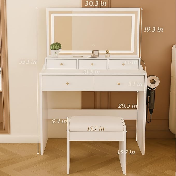 White Vanity Desk with Large Full Size Led Lighted Mirror, 31" Makeup Vanity Table with 5 Storage Drawers, Power Outlet & Hair Dryer Holder, Modern Small Dressing Table for Small Space,Dorm, Bedroom