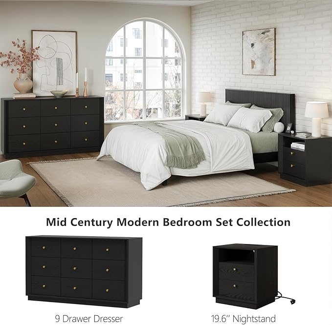 9 Drawer Dresser, Mid Century Modern Dresser with Storage, 55" Wide Chest of Drawers with Wood Grain Texture, Drawers Organizer for Bedroom, Living Room, Hallway, Black