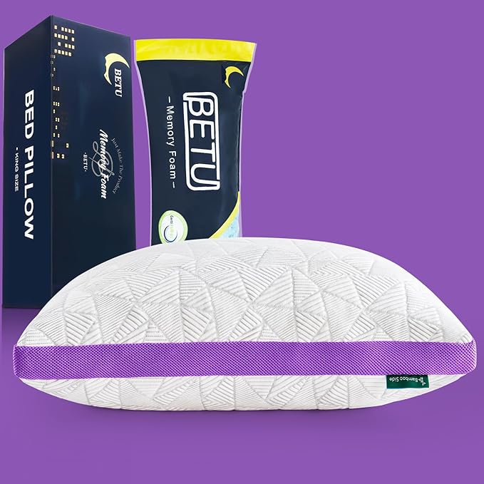 BETU Cooling Pillow Queen Size, Shredded Memory Foam Cool Pillow for Hot Sleepers, Adjustable Firm Soft Support Bed Pillows Perfect for Back Neck Pain and Side Sleeping with Pillow Case Cover, Purple