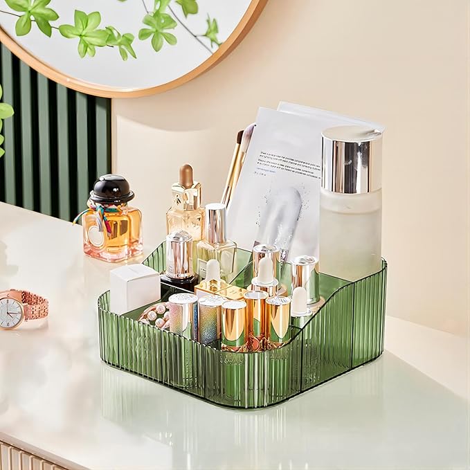 DASITON Large Capacity Makeup Brush Holder,8 Slot Makeup Brush Cup,Vintage striped Make Up Brush Holder,for Vanity Decor,Bathroom Countertops,Desk Storage Container,Cosmetic Display cases(Green-XL)