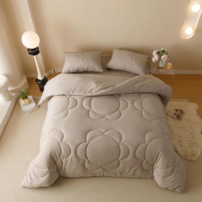 Luxlovery Beige Coffee Comforter Set Full Light Khaki Sunflower Bedding Comforter Mocha Coffee Bedding Comforter Set Boho Farmhouse Modern Bedding Set Full Size