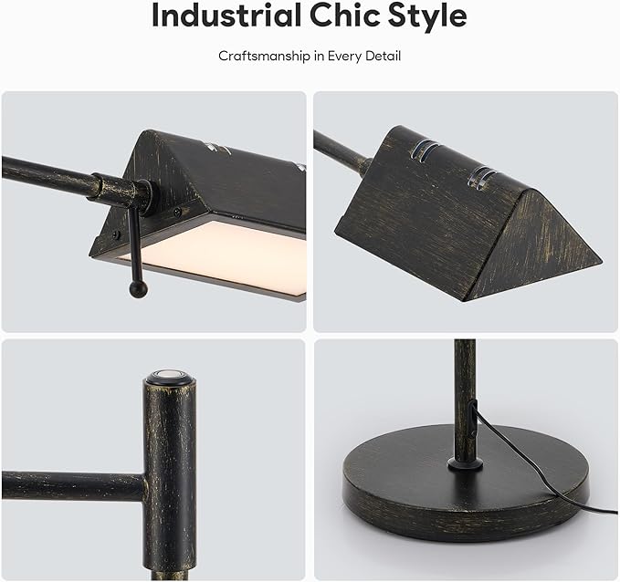 VONLUCE Dimmable LED Floor Lamp, 56" Floor Lamp for Living Room with Adjustable Height Swing Arms 3 Color Temperatures, Industrial Standing Pole Lamp for Bedroom Reading, Rustic Black