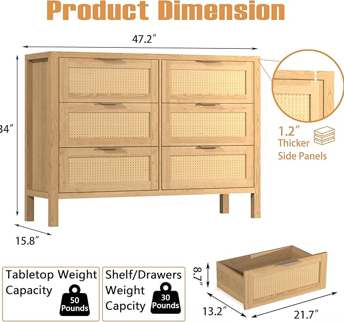 Wood 6 Dresser for Bedroom, Wide Rattan Drawer with Gold Handle for Bed Room, Hallway, Rustic Oak