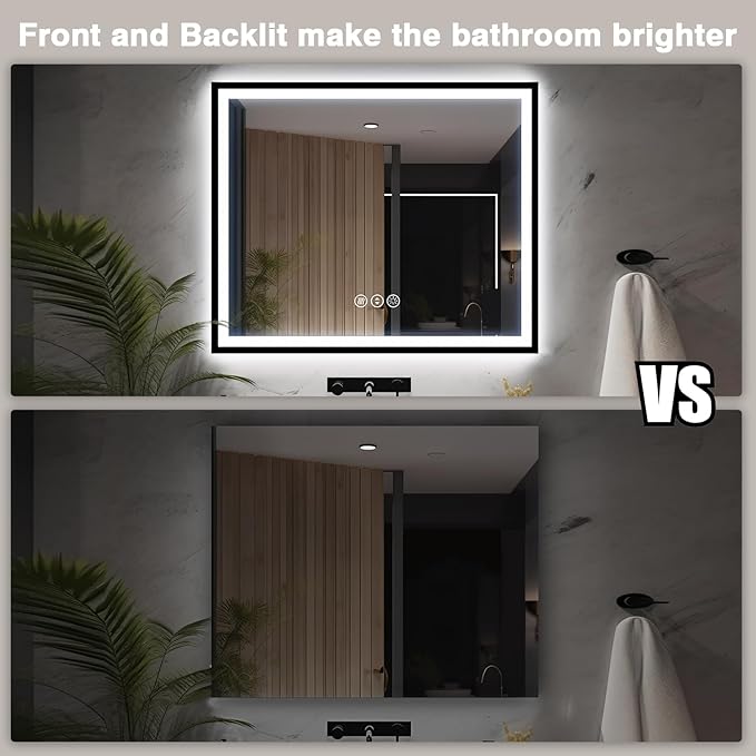 48x40 LED Lighted Bathroom Mirror - Black Aluminum Framed (Front and Backlit), Anti-Fog Bathroom Mirror with Lights,Stepless Dimmable LED Mirror,3 Colors Smart Mirror(Horizontal/Vertical)