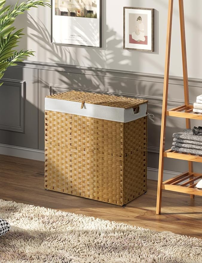 Greenstell Laundry Hamper No Install Needed, Divided Clothes Hamper with 2 Removable Liner Bags, 90L Handwoven Synthetic Rattan Laundry Basket with Lid and Handles, Foldable Natural