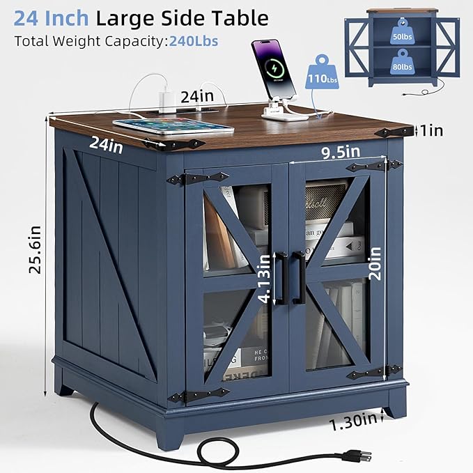 Farmhouse Coffee Table Sets 2 Pieces, Large End Side Tables with Charging Station and Coffee Table with Hidden Storage Compartment, Black Living Room Table Set, Wood Furniture Sets for Home Office