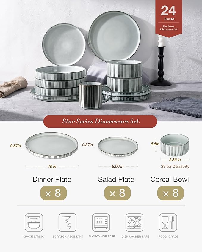 Famiware Star Plates and Bowls Sets, Modern Stoneware Dinnerware Sets for 8, 24-Piece Kitchen Dish Set - Microwave and Dishwasher Safe, Chip and Scratch Resistant, Smoky Blue
