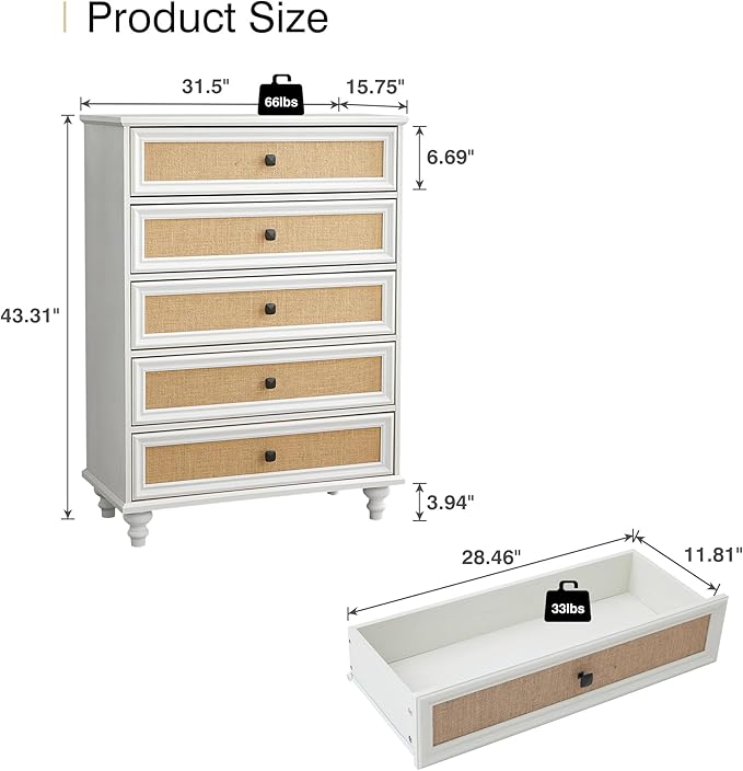 10 Drawer Dresser for Bedroom, Mid Century Modern Wide Wood Rustic Chest of Drawers Wooden Storage Organizer Dressers with Burlap Rattan Drawers for Living Room, Hallway Closet, Entryway, Beige White