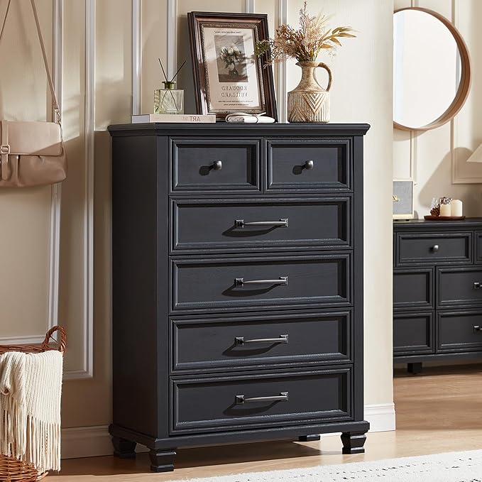 Farmhouse 6 Drawer Dresser for Bedroom, 45 Inch Tall Vintage Wood Chest of Drawers, Rustic Dressers w/Square Wooden Legs, Mid-Century Storage Organizer for Living Room, Hallway, Black