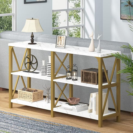 IBF Modern 3 Tier Entryway Table, Industrial Metal Wood TV Console Table with Storage Shelves, Farmhouse White Faux Marble and Gold Sofa Accent Table for Hallway Entry Way Foyer Living Room, 55 Inch
