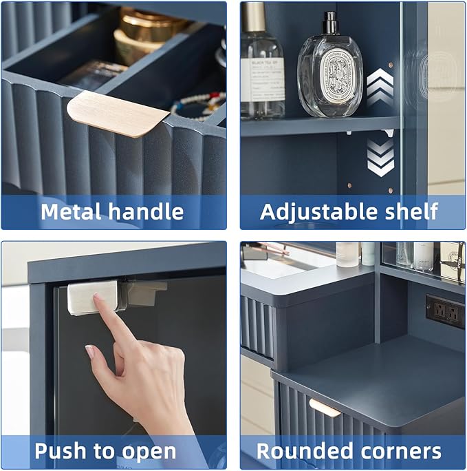 LEYAOYAO Fluted Makeup Vanity Desk with Mirror and Lights, 43.5'' Blue Vanity Table with Glass Top and Power Outlet, Make Up Vanity with 6 Drawers and Adjustable Shelves for Bedroom