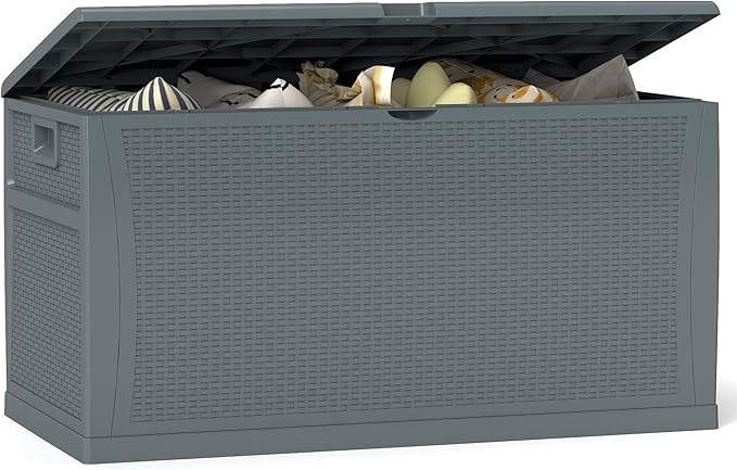 120 Gallon Resin Deck Box, Weatherproof Outdoor Storage Box for Patio, Garden, Pool, and Yard, Lockable Waterproof Bin for Tools, Cushions, and Accessories, Grey