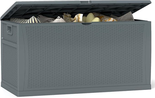 120 Gallon Resin Deck Box, Weatherproof Outdoor Storage Box for Patio, Garden, Pool, and Yard, Lockable Waterproof Bin for Tools, Cushions, and Accessories, Grey