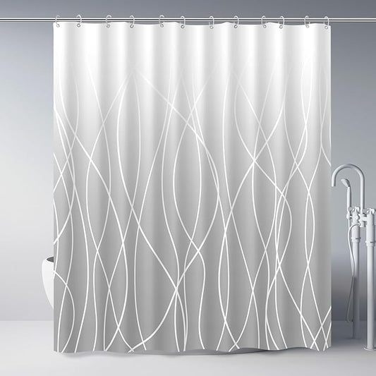 Punkray Ombre Light Grey Striped Polyester Shower Curtain for Bathroom with Hooks, Waterproof Bath Accessories Hotel Style - Machine Washable 72 x 72