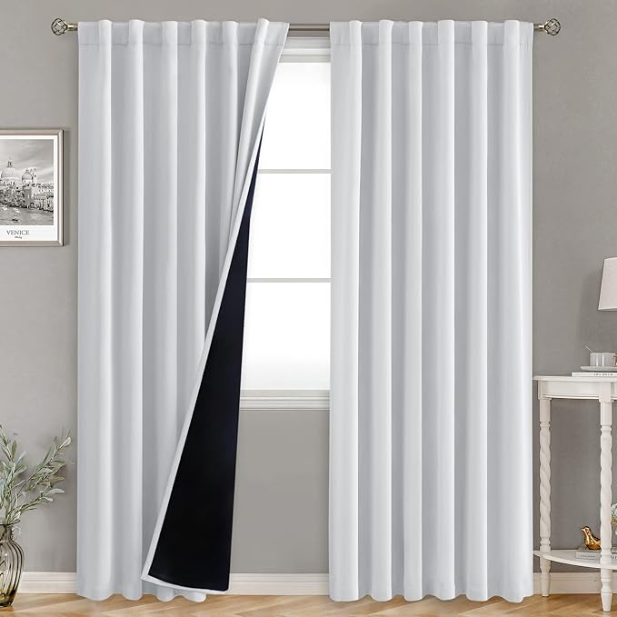 BGment Greyish White 100% Blackout Curtains 90 Inches Long with Noise-reducing Liner, Rod Pocket and Back Tab Double Layer Room Darkening Window Curtains for Bedroom, 2 Panels, Each 52 x 90 Inch