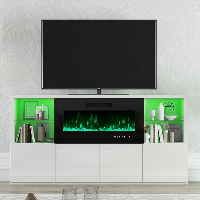 Modern Fireplace TV Stand for TVs up to 75", High Gloss Entertainment Center with 40" Fireplace, 4 Shelves & Storage Cabinets, Media Console Table 68 Inches, Gloss White