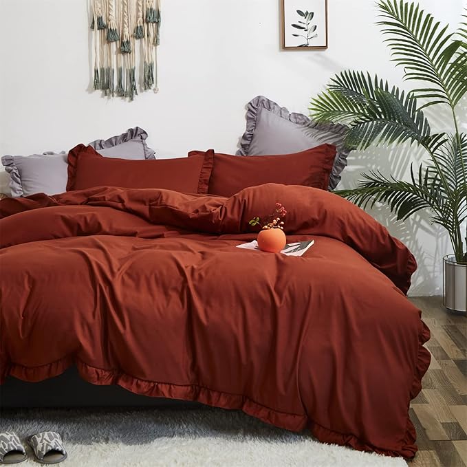 Luxlovery Ruffle Comforter Set King Burnt Orange Farmhouse Caramel Bedding Comforter Set Shabby Chic Rust Orange Solid Blanket Quilts Ruffled Reddish Caramel Bedding Set for Women Men