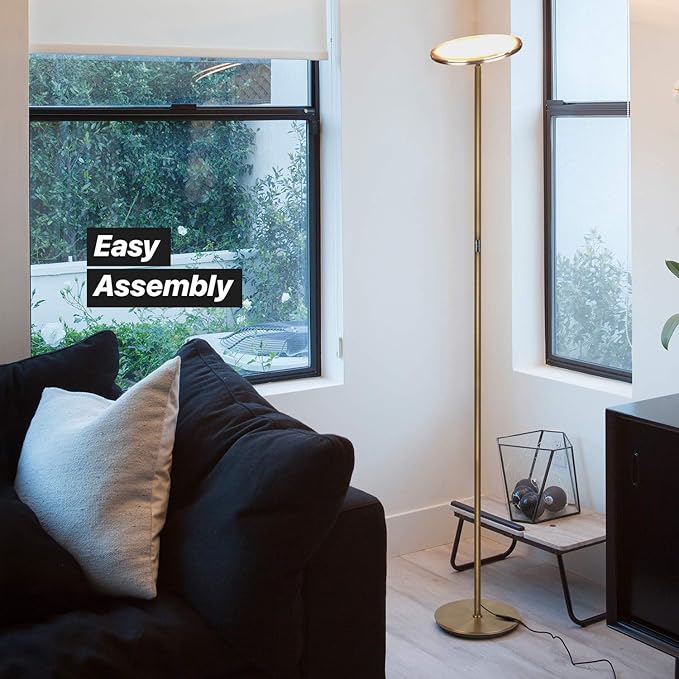 Brightech Sky Flux Dimmable LED Floor Lamp – Super Bright Floor Lamp for Living Room and Offices – Torchiere Standing Lamp with 3 Light Options, Tall Lamp for Bedroom Reading and More - Brass