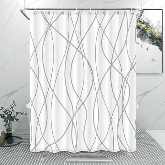 Punkray Grey and White Striped Polyester Shower Curtain for Bathroom with 8 Hooks, Weighted Hem, Waterproof Bath Accessories Hotel Style, 54 x 72